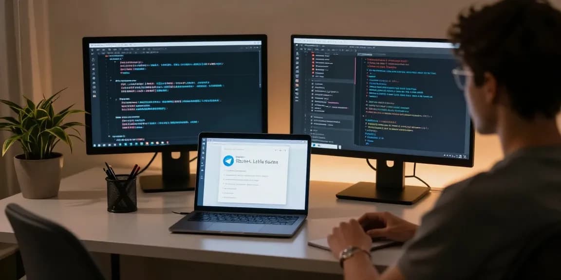 Workspace with Telegram Chinese interface on screens, translation guides, and cozy atmosphere.
