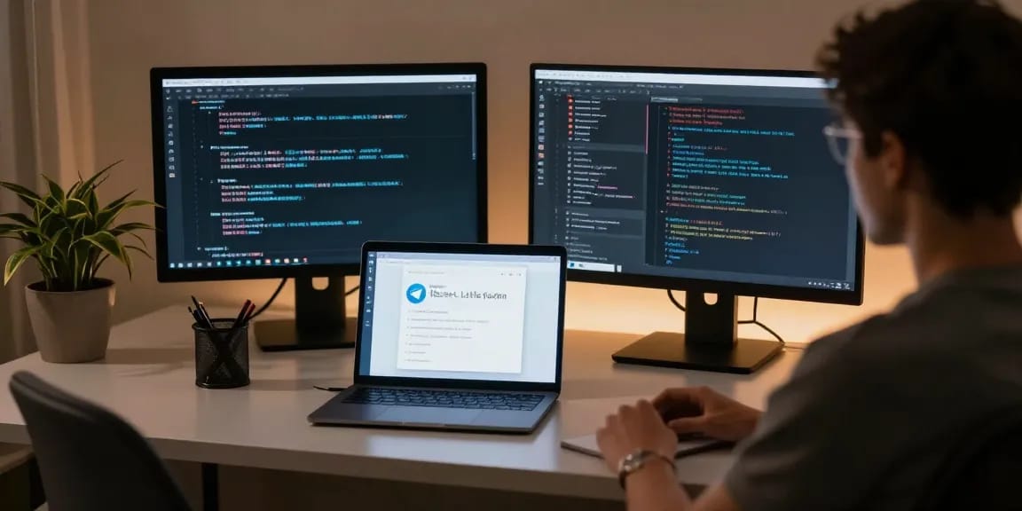 Workspace with Telegram Chinese interface on screens, translation guides, and cozy atmosphere.