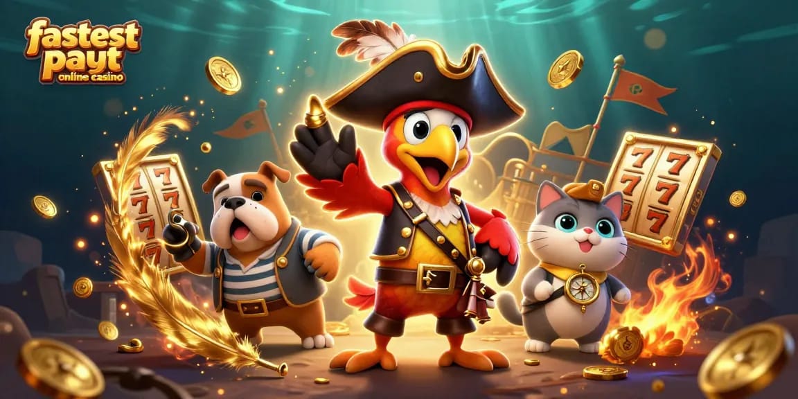 Experience the fastest payout online casino with pirate characters and slot game elements in this vibrant illustration.