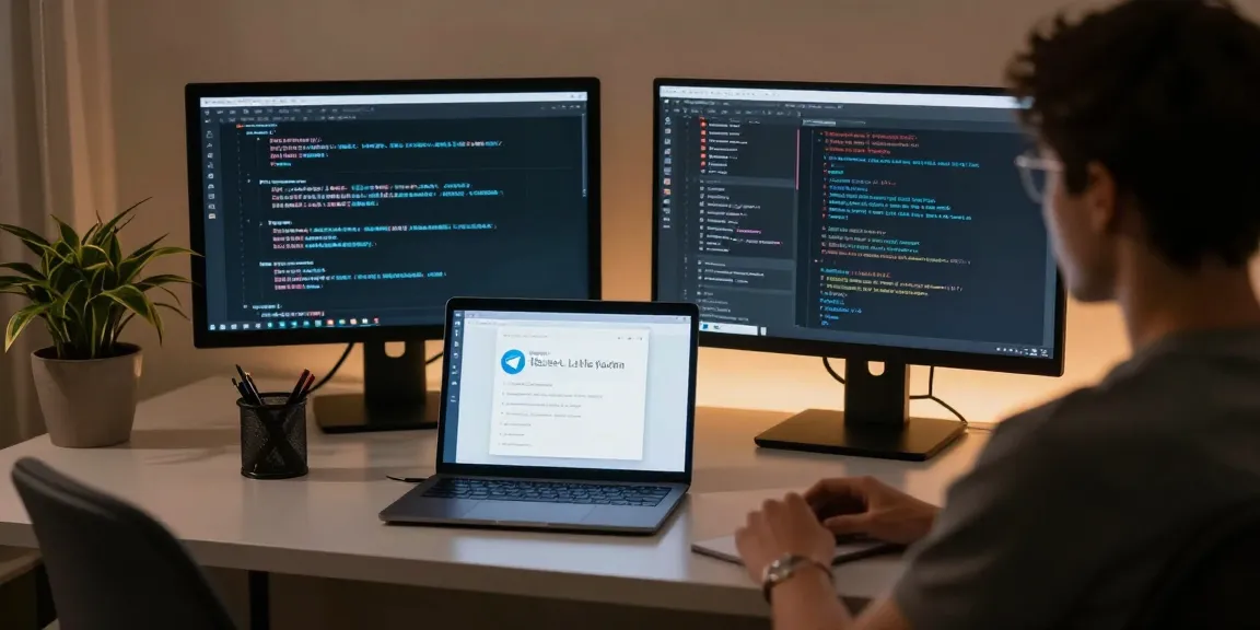 Workspace with Telegram Chinese interface on screens, translation guides, and cozy atmosphere.