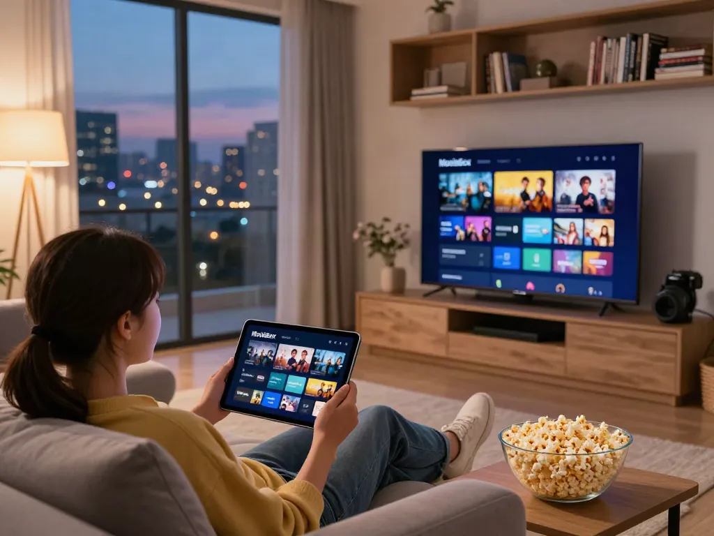 Viewer enjoying the MovieBox app on a tablet in a cozy living room setting.