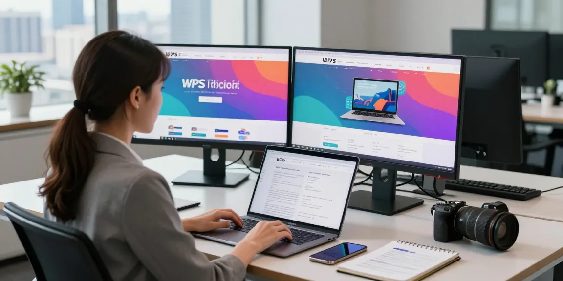 Professional woman focused on the WPS Official Website in a modern workspace with dual monitors.