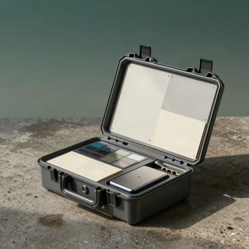 Open startup launch kit case with prototype panels, swatches and device mockup on rain-dark concrete.