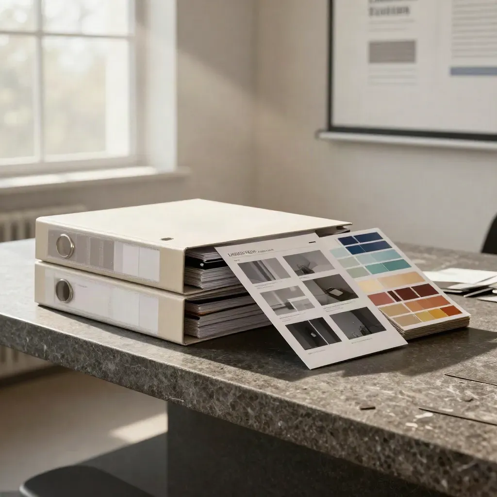 Launch bundle materials sliding across a charcoal stone ledge in soft window light.