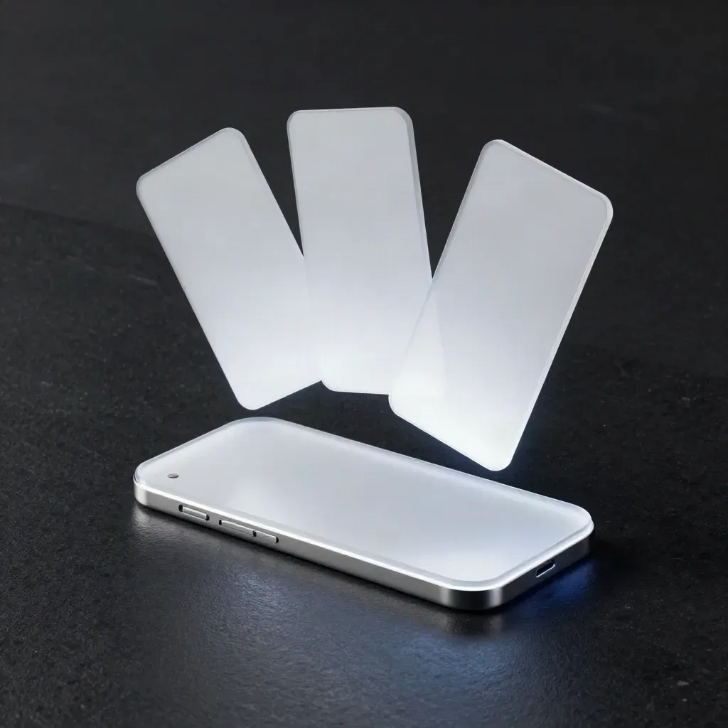 Translucent prototype shell with floating mock UI cards on a dark studio surface.