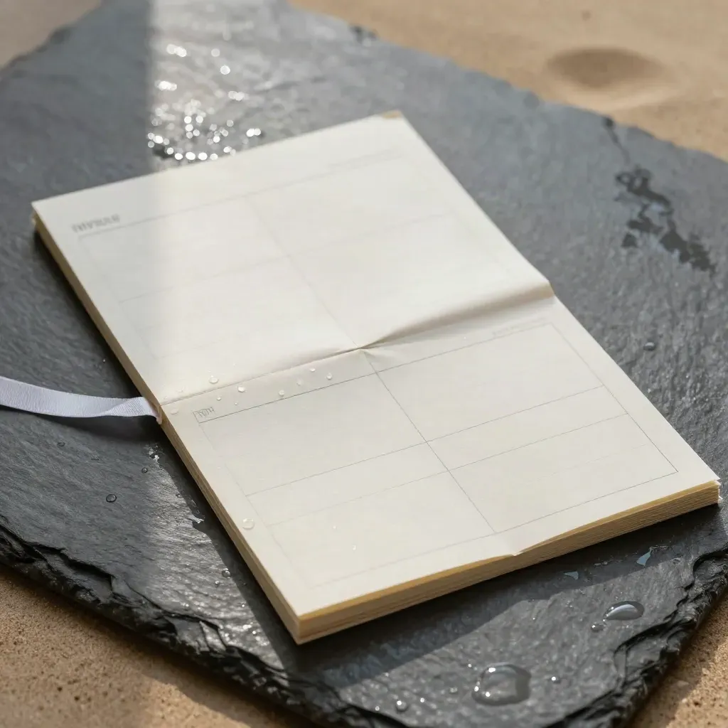 Folded planning board half-submerged on wet stone, lit by raking daylight.