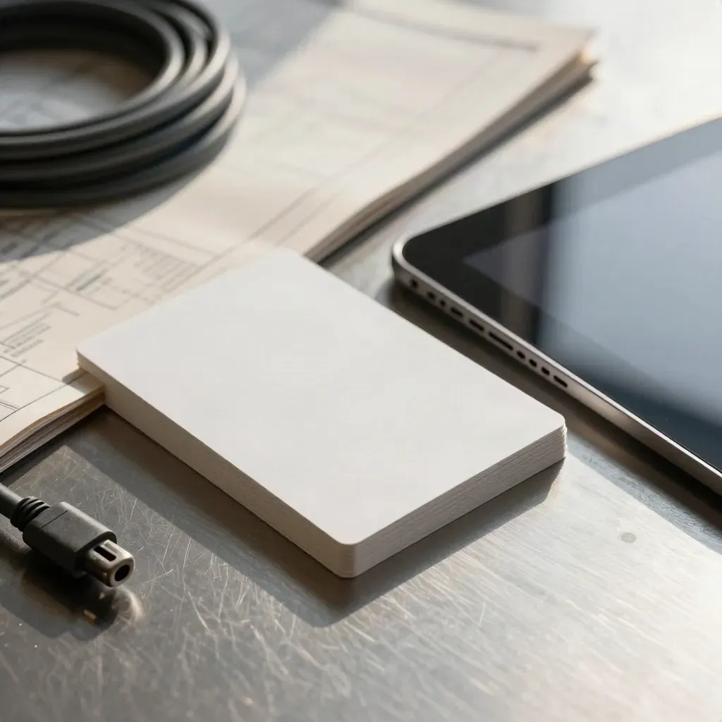 Macro of a tablet shell, blank page cards, folded site map and cable coil on brushed metal.