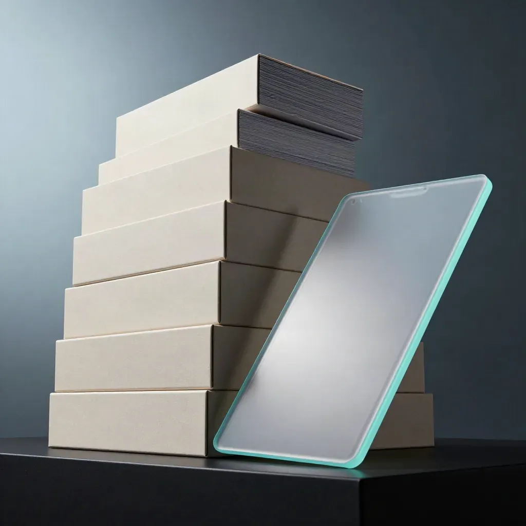 Stacked startup kit boxes, cyan sleeves and prototype slab on a dark studio plinth.