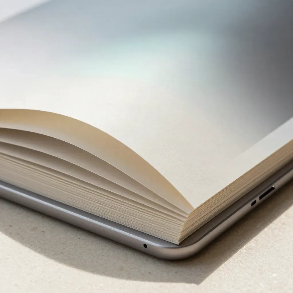 Travertine launch-page stack with tablet shell and folded dividers in soft diagonal light.