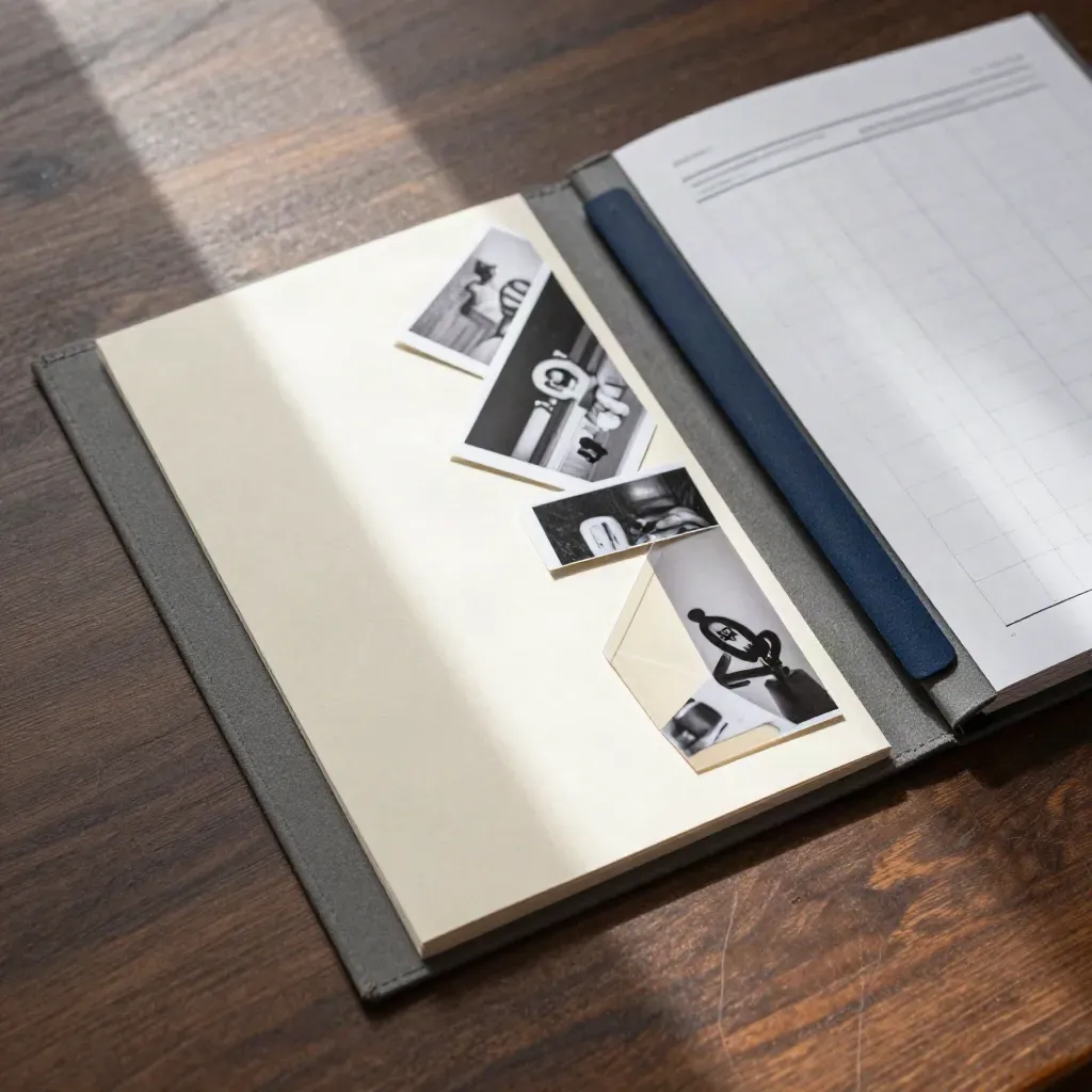Overhead market research kit on dark wood with folder, cards, prints and soft daylight.