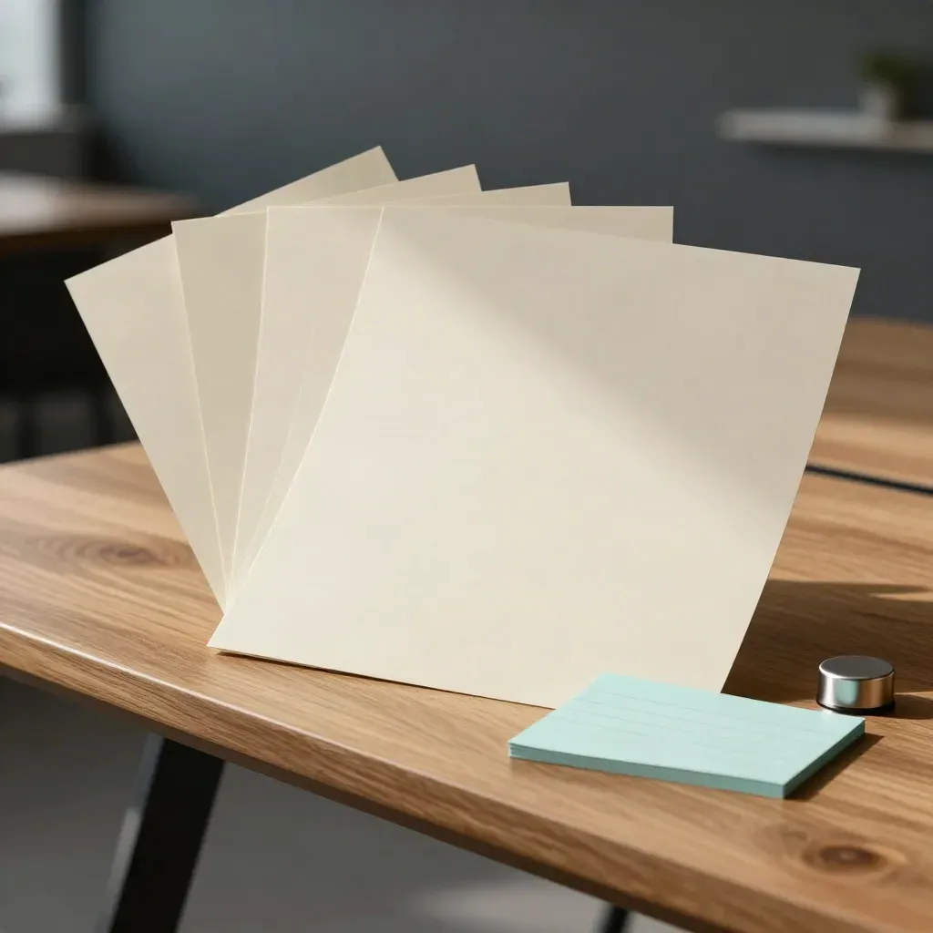 Open copy pack folder on an oak table with soft cyan glow and blurred background