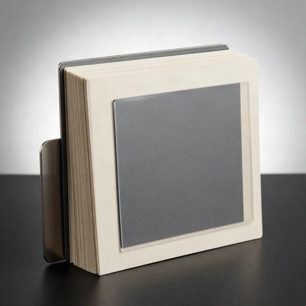 An upright investor deck bundle with acetate overlays and a metal clip on a dark studio plinth.