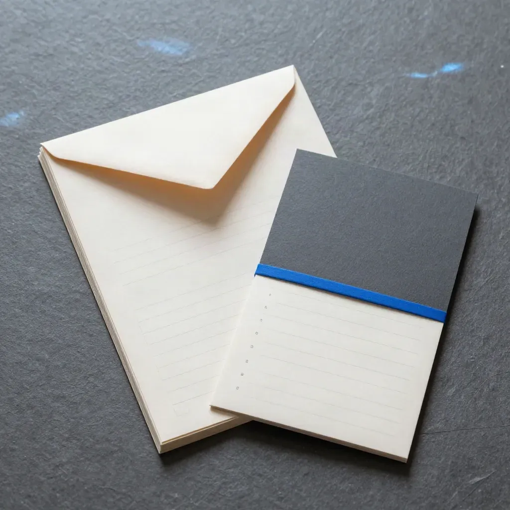 Overhead checklist packet with blank cards, sealed envelope and blue band on dark stone.