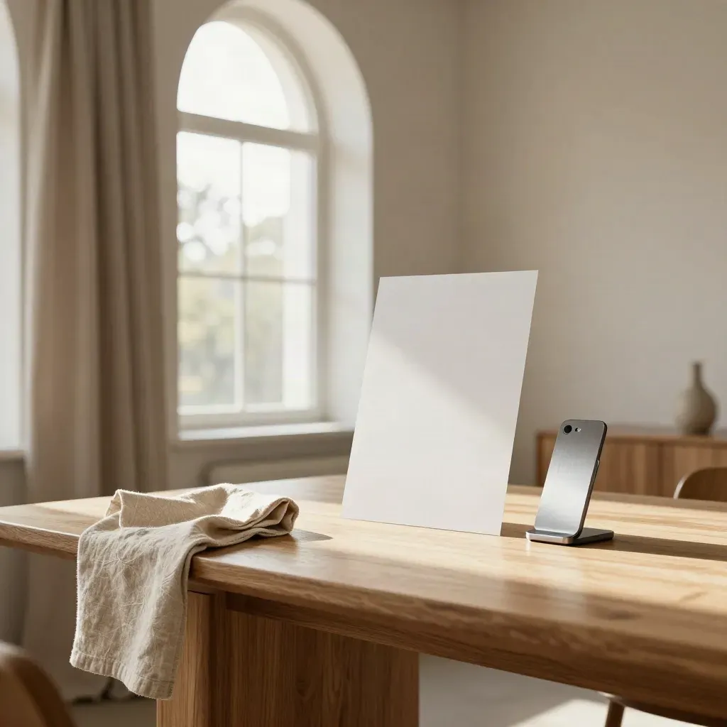 Sunlit loft corner with oak, linen, prototype forms, and calm space for copy.
