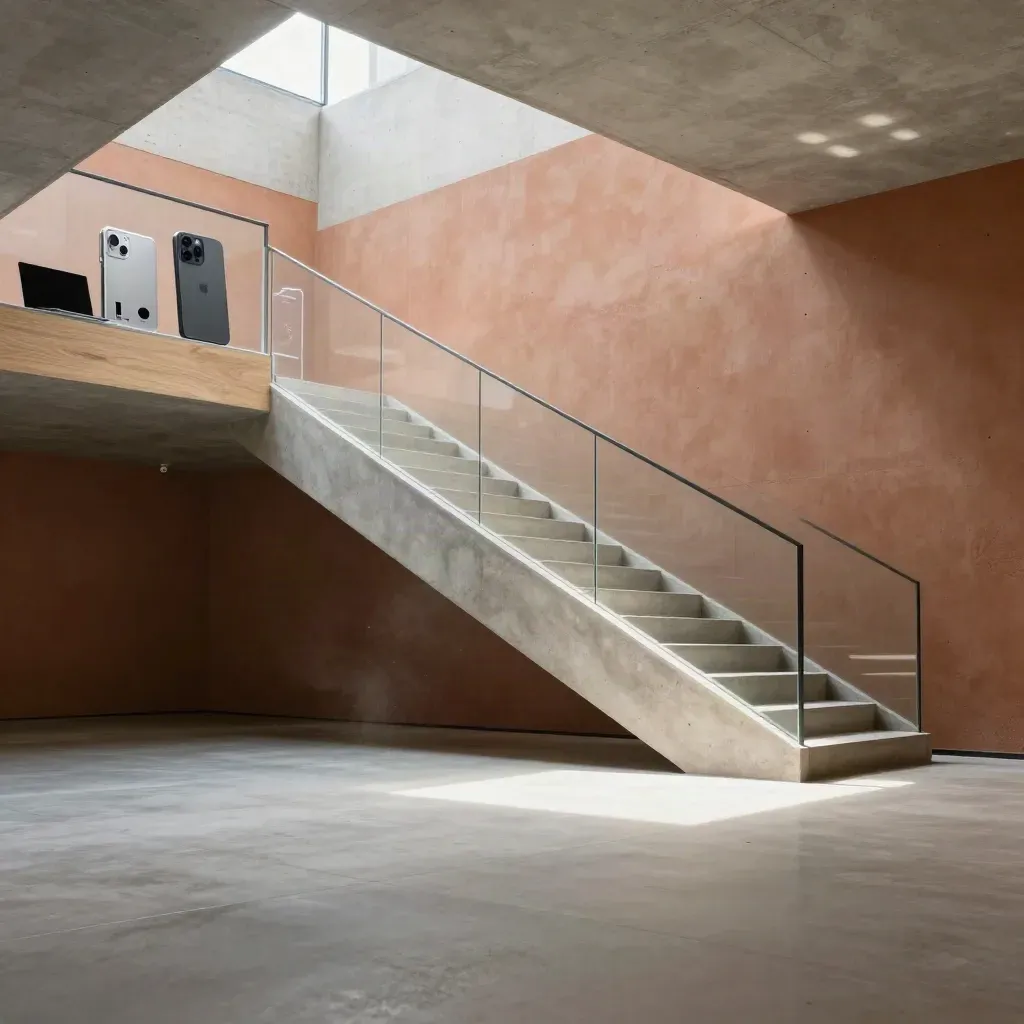Sunlit concrete atrium with stair, glass rail and launch-ready prototype materials