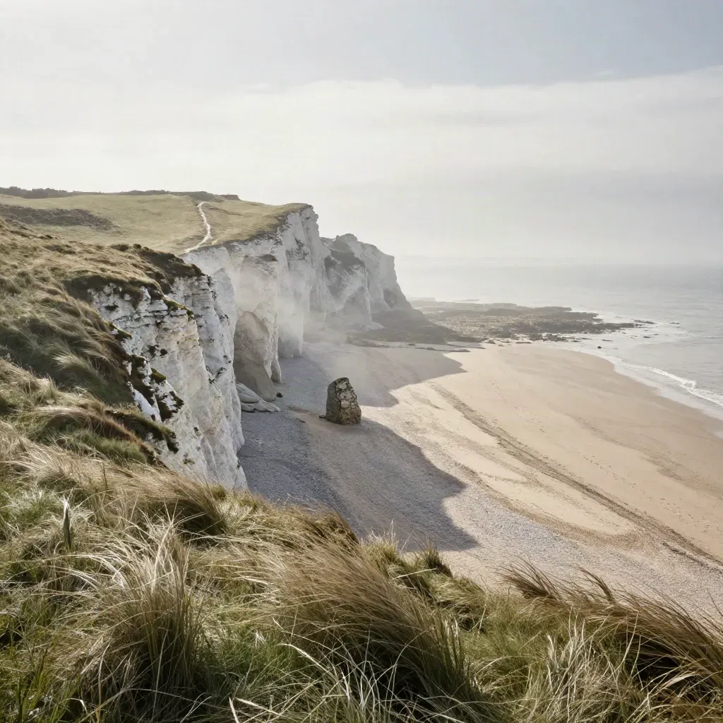 Pale coastal headland above misty sand with wind-brushed grasses and a calm open foreground.