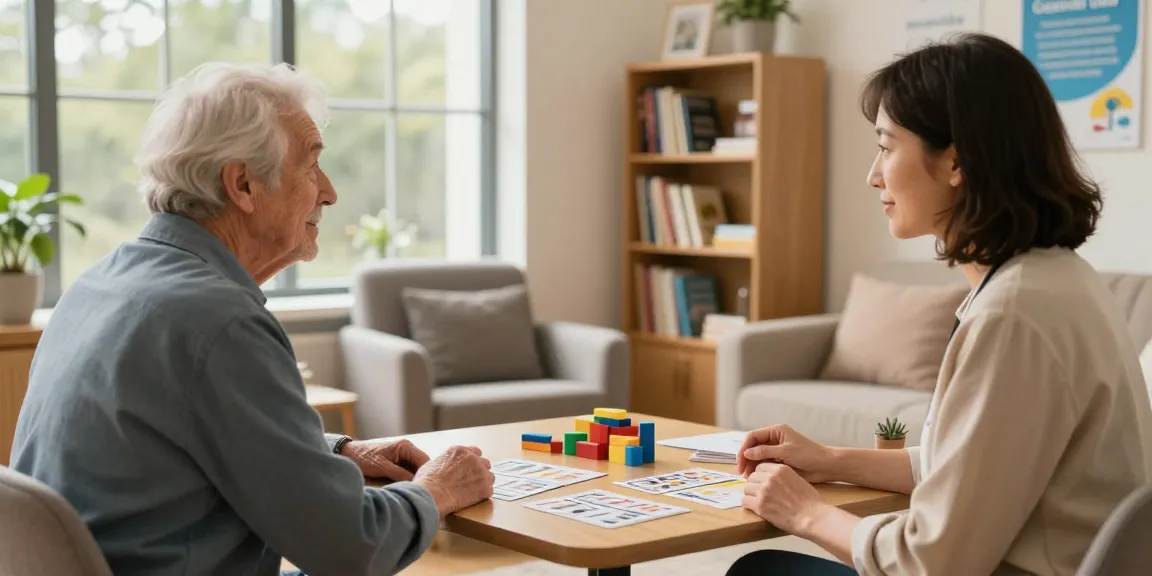 Cognitive impairments Norfolk illustrated in a warm therapy setting with engaged elderly woman and psychologist.